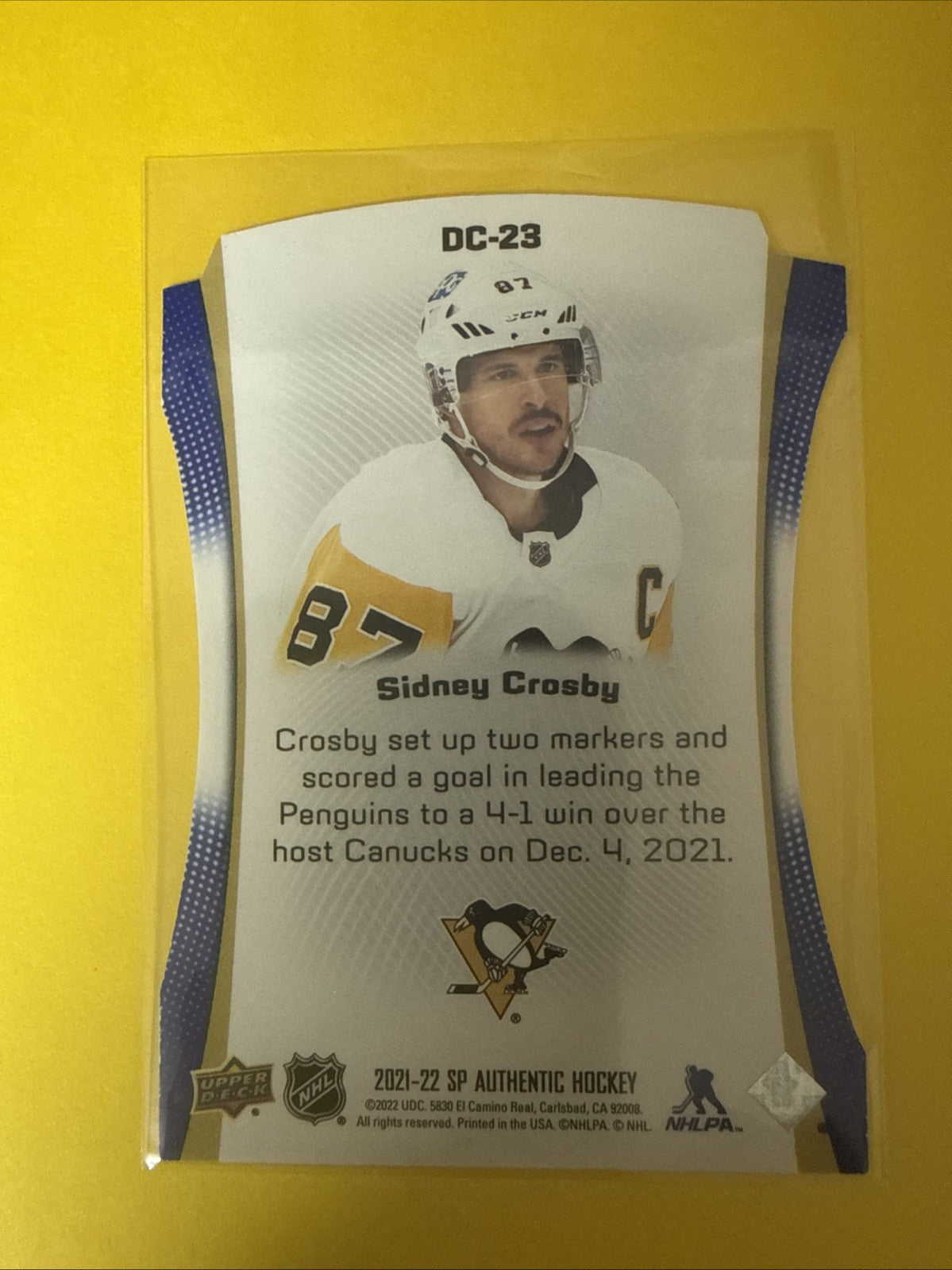 Sidney Crosby 2021/22 SP Authentic Blue Die Cut Card - back