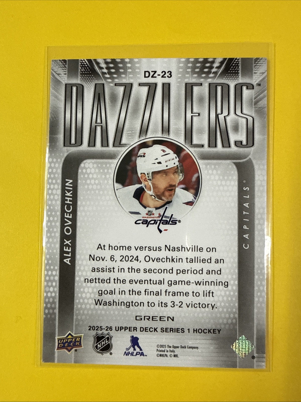 Alex Ovechkin 2025/26 UD Green Dazzlers Card - back