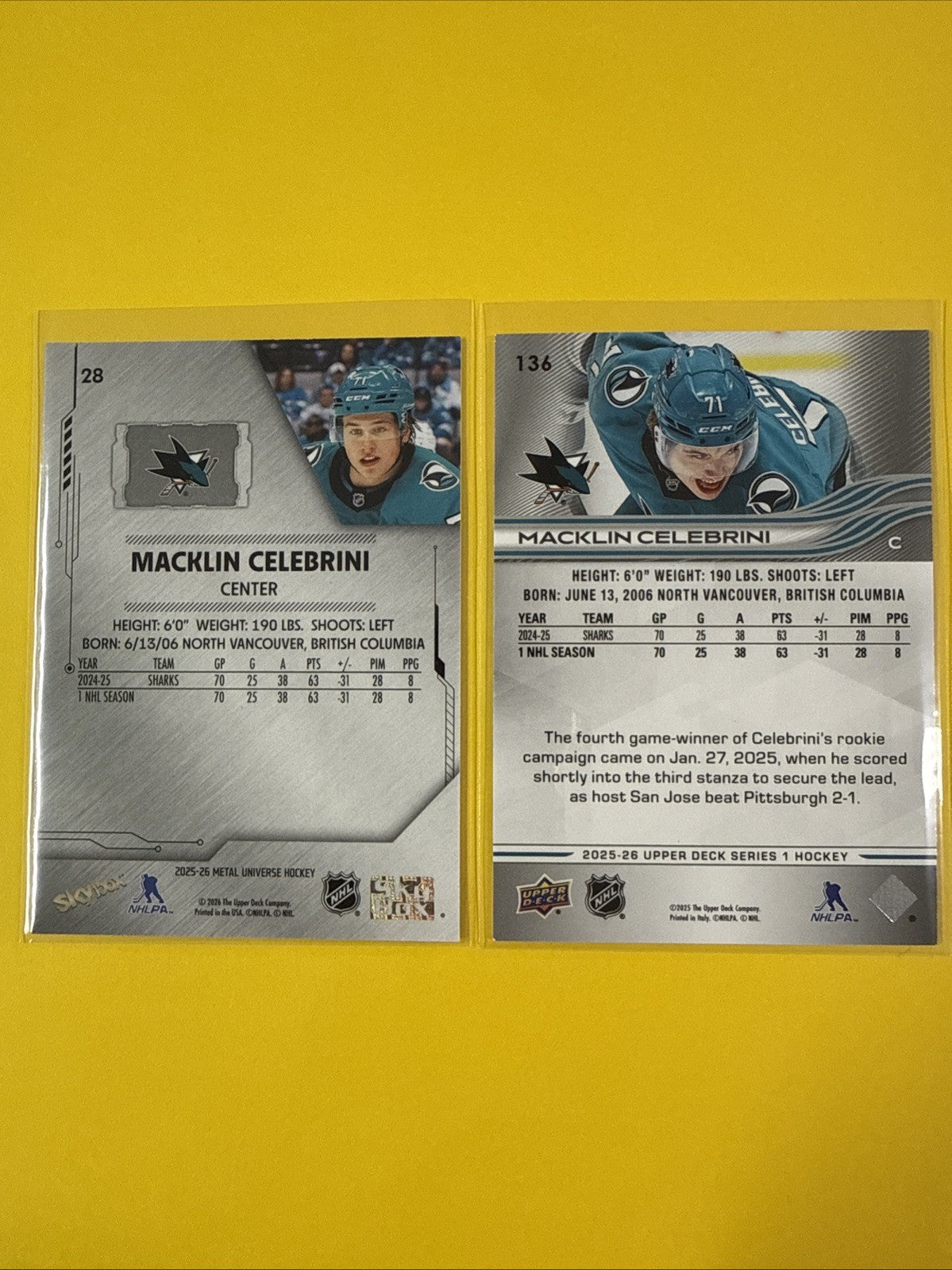 Macklin Celebrini 2025/26 Metal Universe + Upper Deck Hockey Cards - back