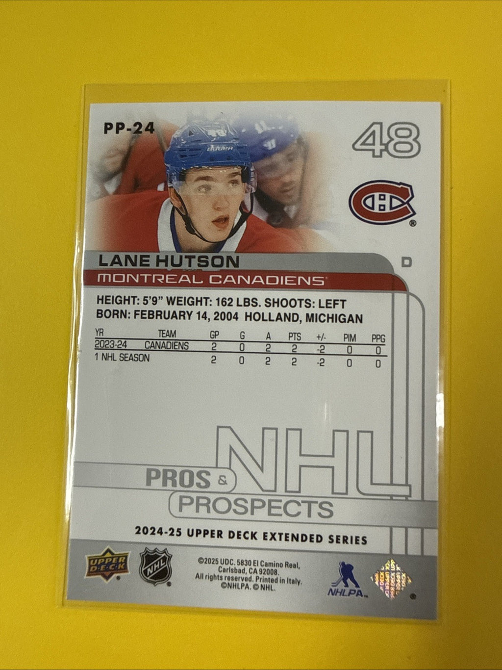 Lane Hutson 2024/25 UD Pros & Prospects Rookie Card - back