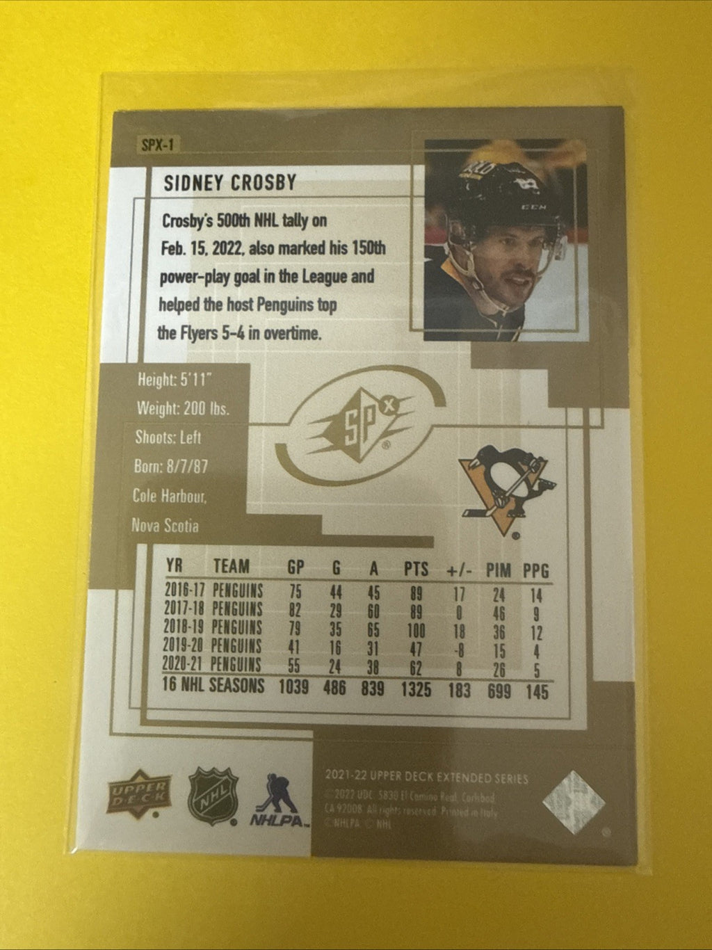 Sidney Crosby 2021/22 UD Extended SPx Card - back