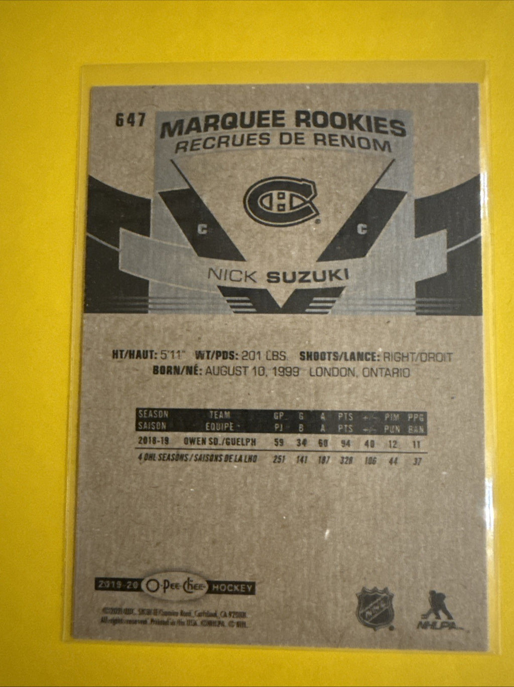 Nick Suzuki 2019/20 Rookie Card O Pee Chee No.647 - back