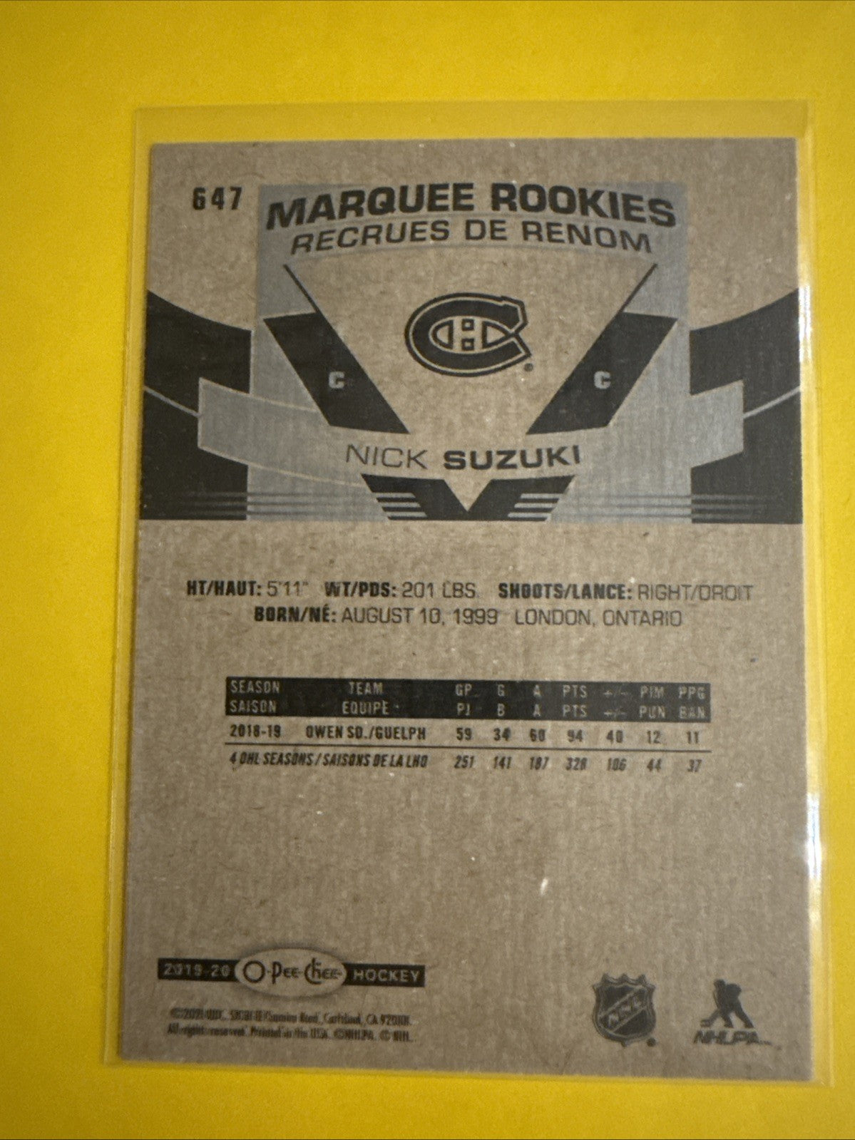 Nick Suzuki 2019/20 Rookie Card O Pee Chee No.647 - back