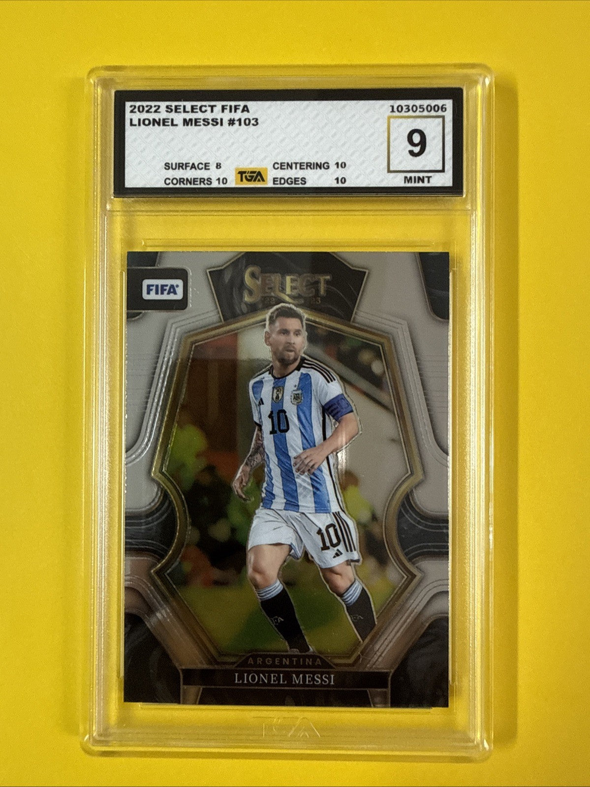Lionel Messi 2022 Select Fifa Chrome Card Graded 9 - front