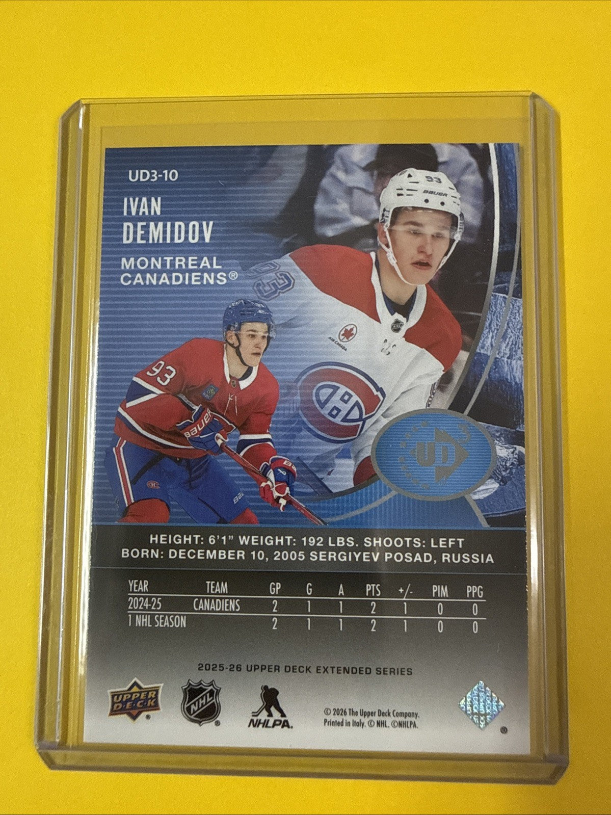 Ivan Demidov 2025/26 UD Extended Series Rookie Card - back