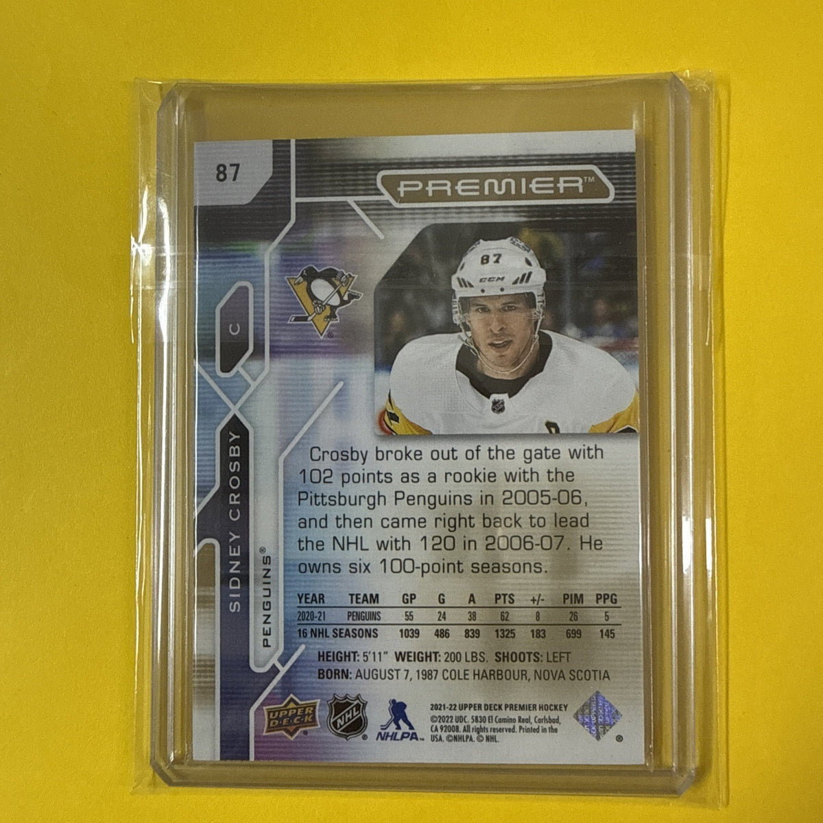 Sidney Crosby 2021/22 Premier Card Out of /65 - back