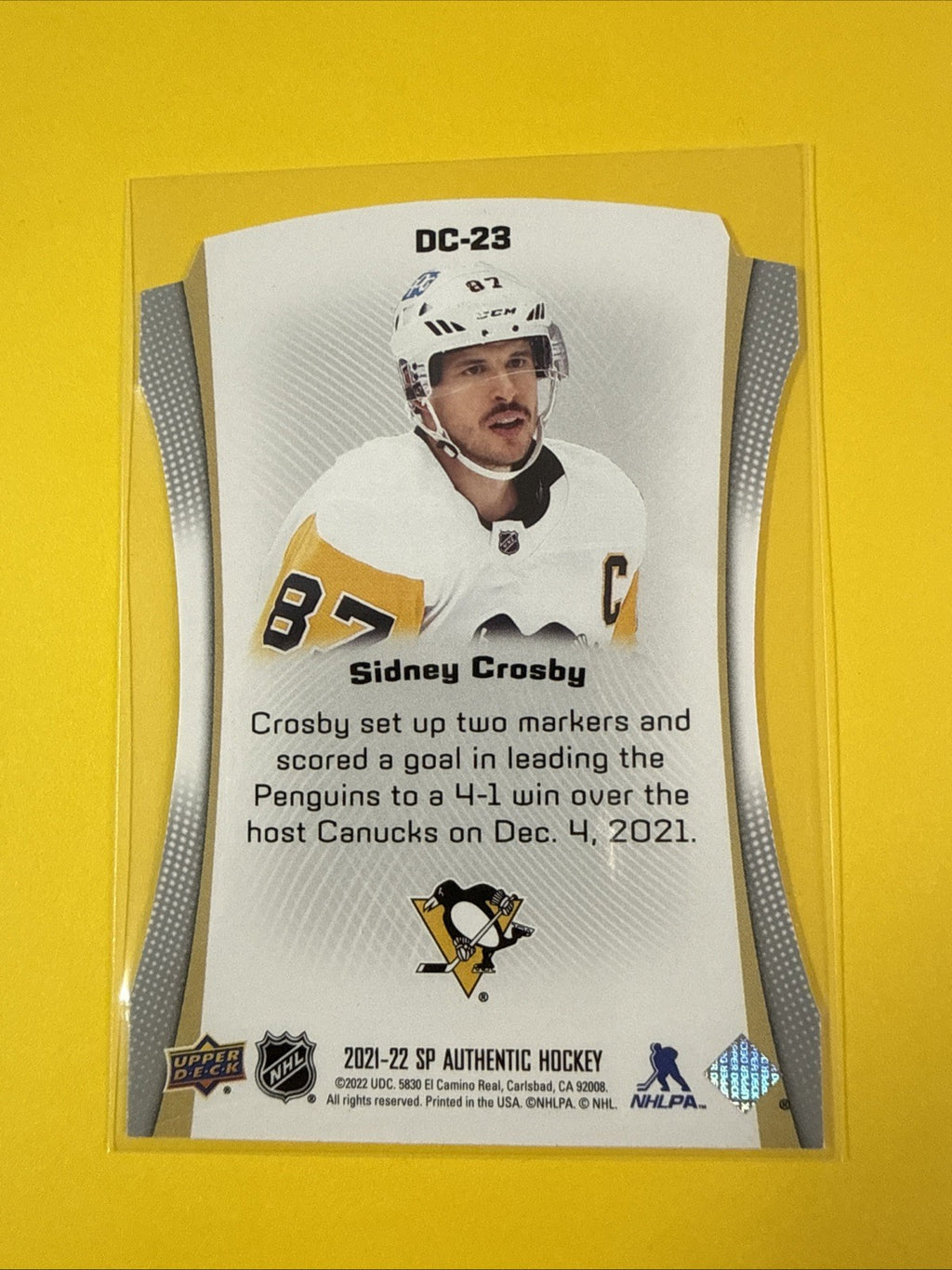 Sidney Crosby 2021/22 SP Authentic Die Cut Card - back