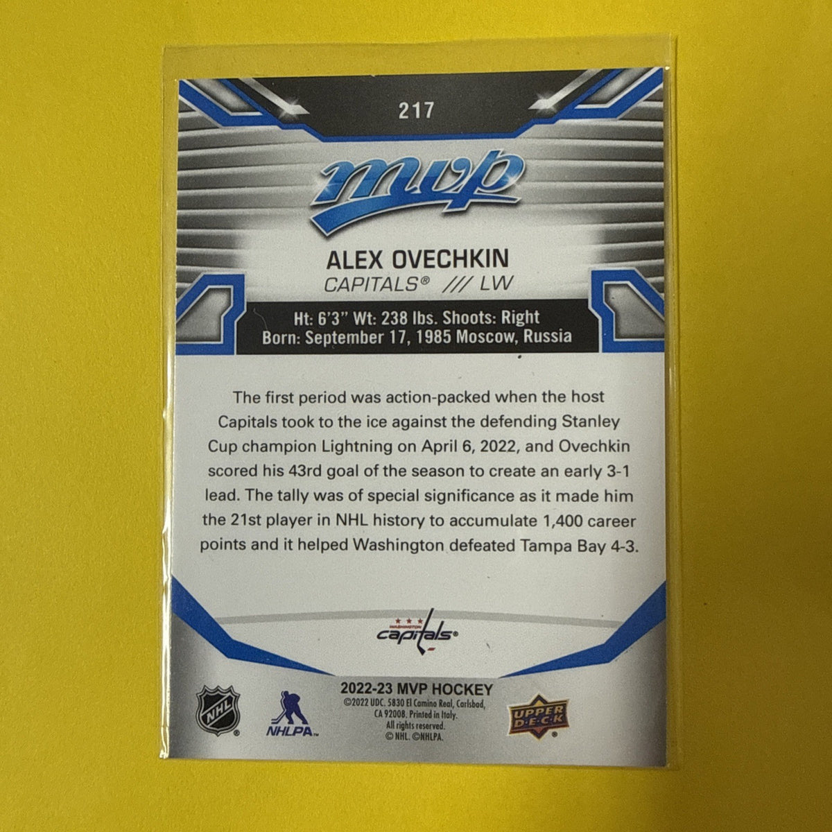 Alexander Ovechkin 2022 Card - back