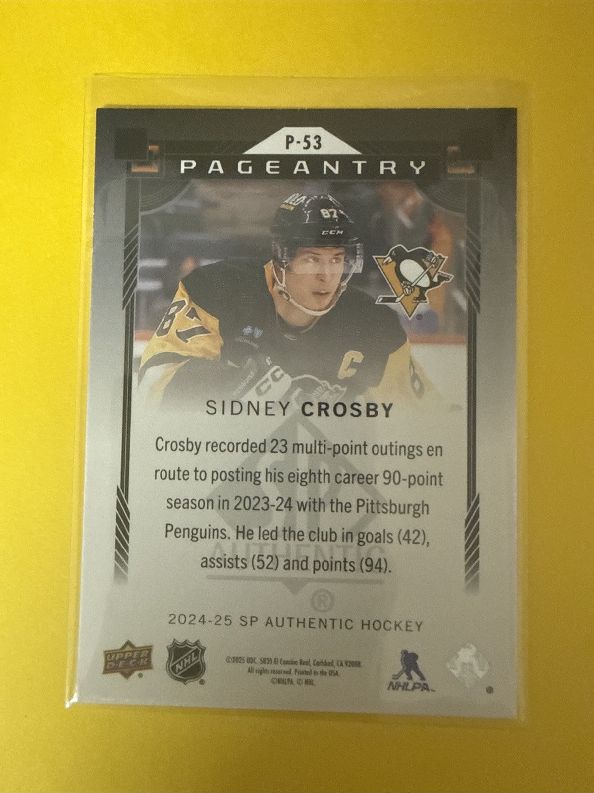 Sidney Crosby 2024/25 SP Authentic Red Pageantry Card - back