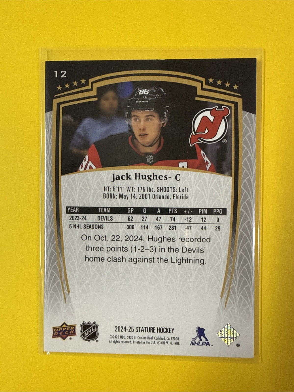Jack Hughes 2024-25 UD Stature Card - back