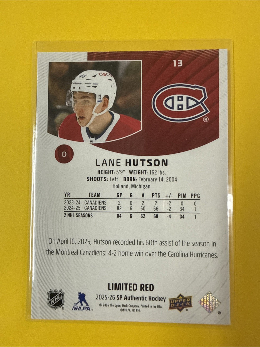 Lane Hutson 2025/26 SP Authentic Limited Red Card - back
