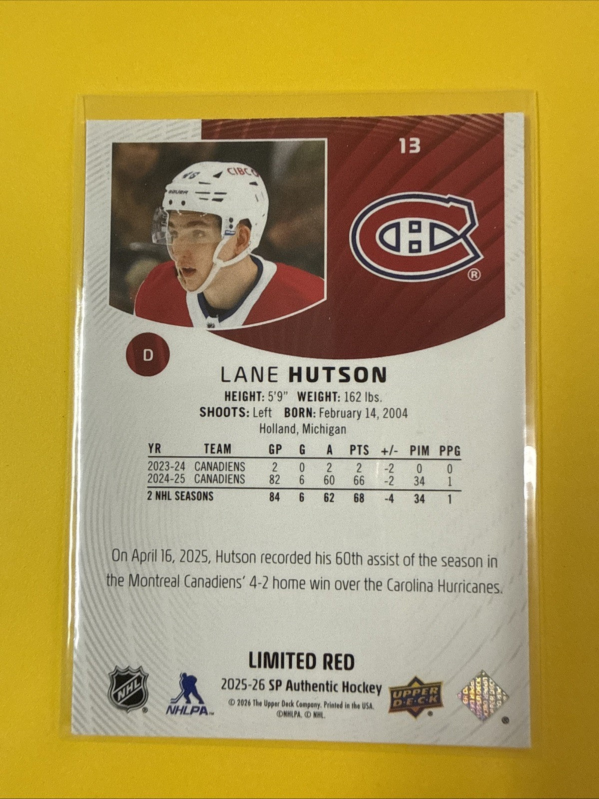 Lane Hutson 2025/26 SP Authentic Limited Red Card - back