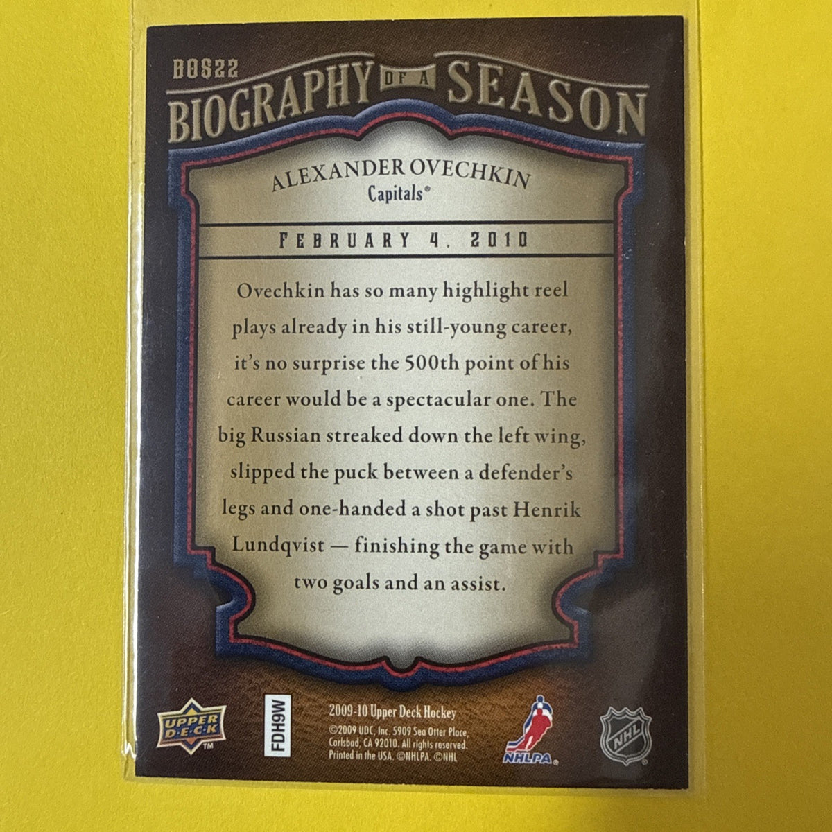 Alexander Ovechkin 2009 Card - back