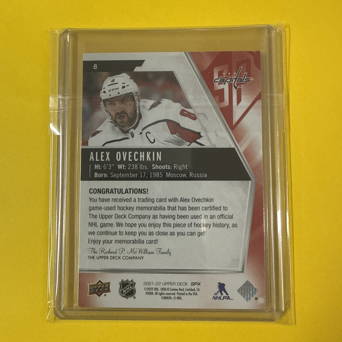 Alex Ovechkin 2021/22 SPx Jersey Patch Card - back