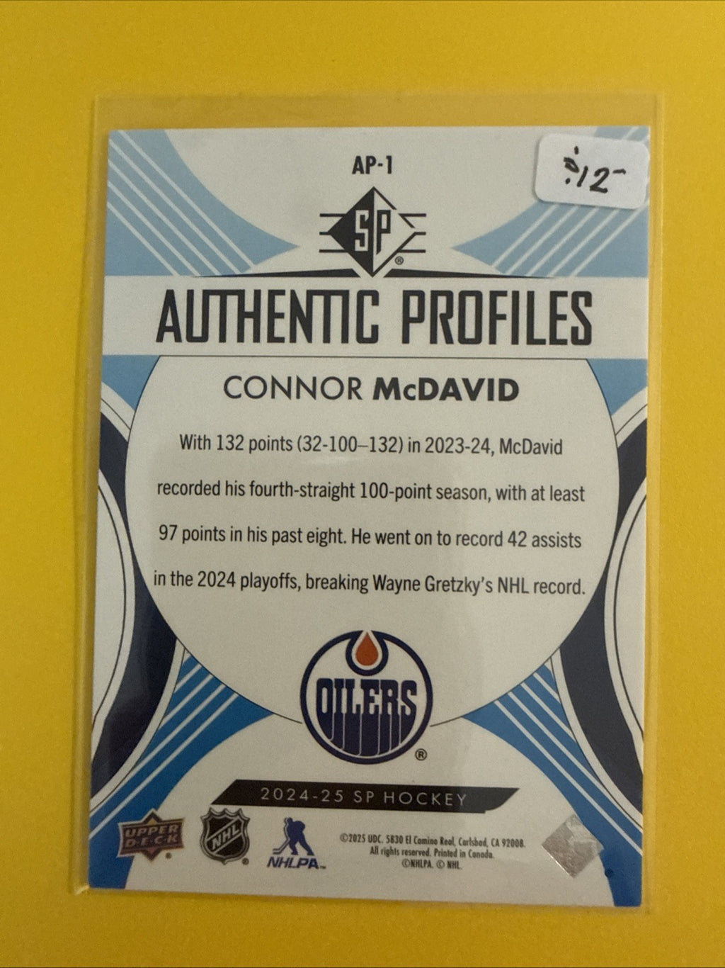 Connor McDavid 2024/25 SP Authentic Profiles Blue Card - back