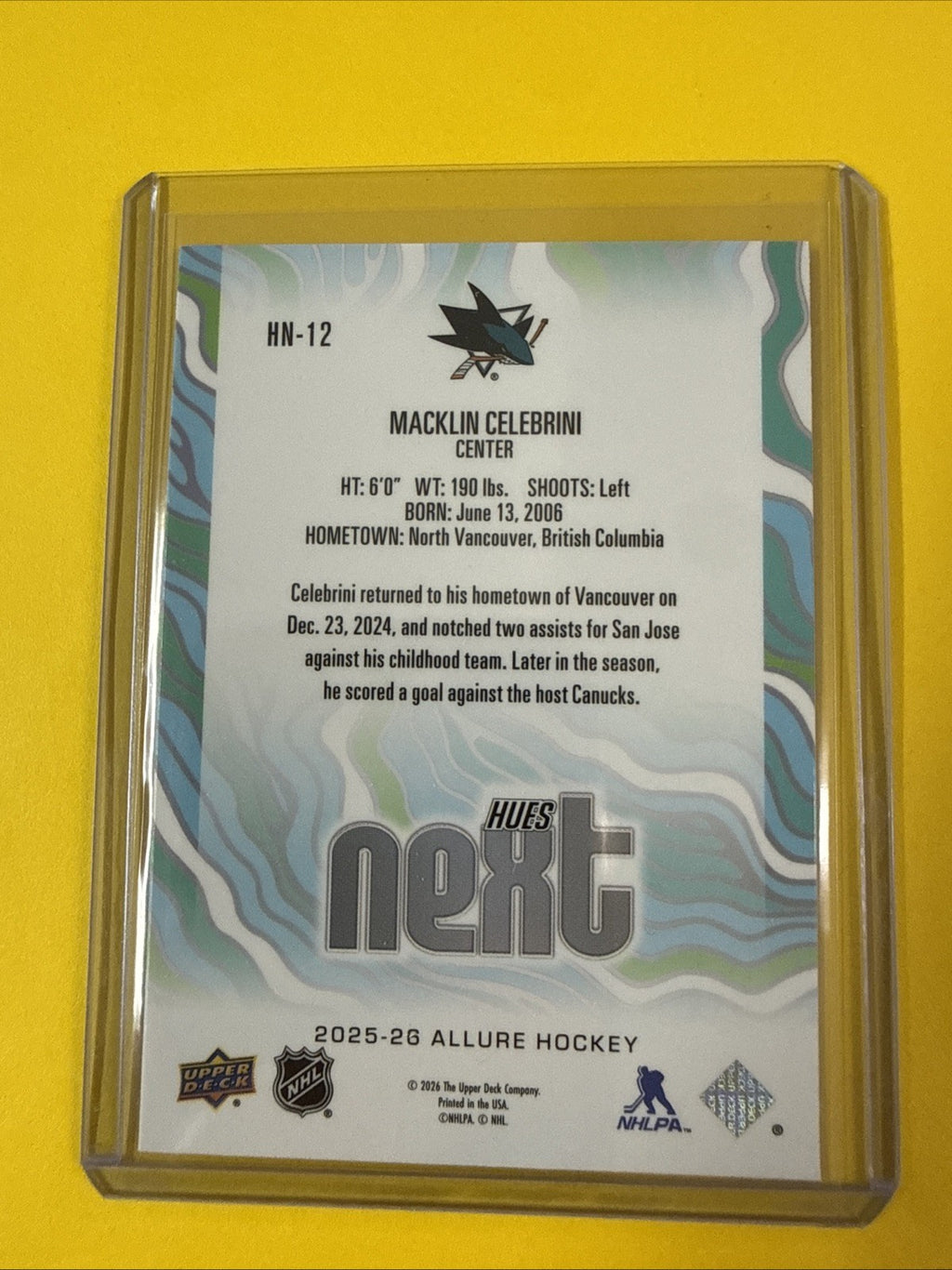 Macklin Celebrini 2025/26 Allure Hues Next Card - back