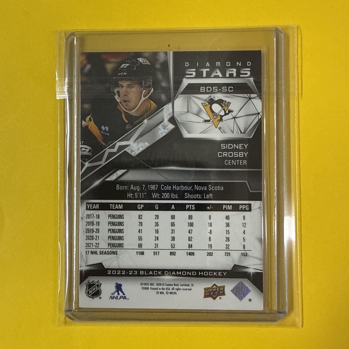 Sidney Crosby 2022/23 Black Diamond Stars Card Out of /299 - back