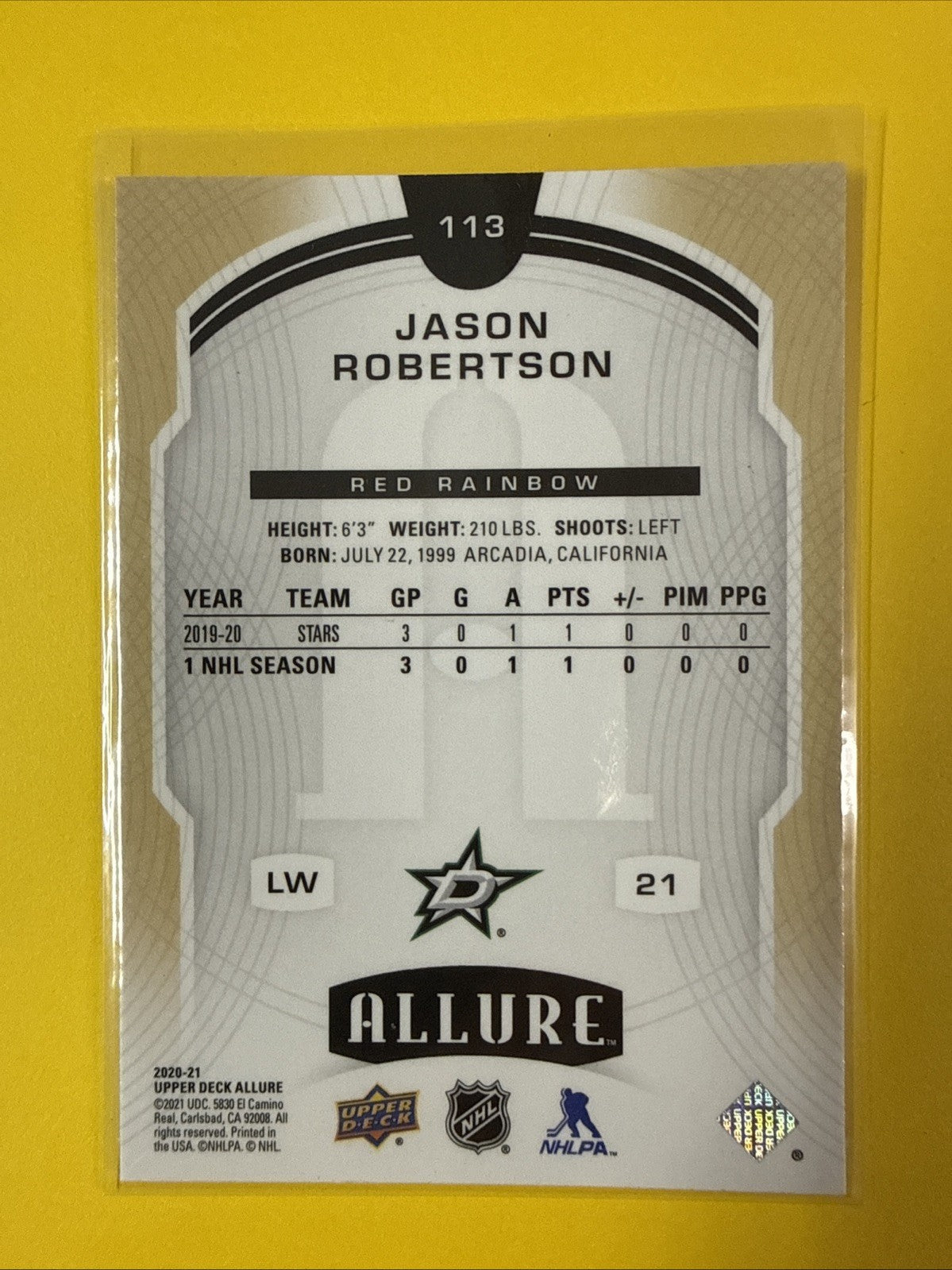 Jason Robertson 2020/21 Allure Red Rookie Card - back