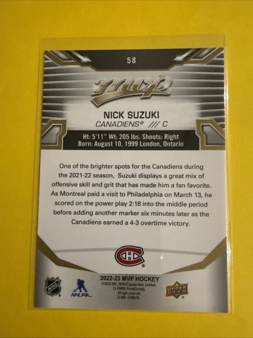 Nick Suzuki 2022/23 Mvp Gold Scripted Card - back