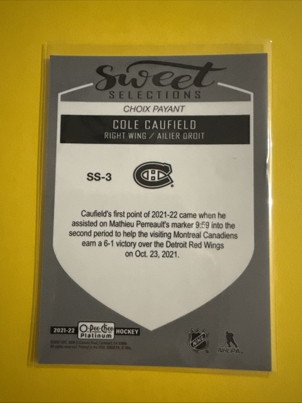 Cole Caufield 2021/22 O Pee Chee Platinum Sweet Selection Rookie Card - back