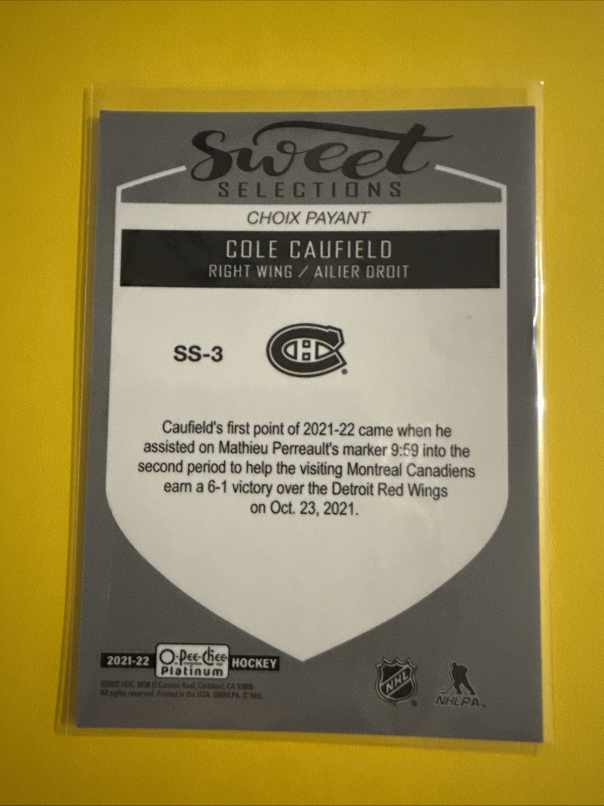 Cole Caufield 2021/22 O Pee Chee Platinum Sweet Selection Rookie Card - back