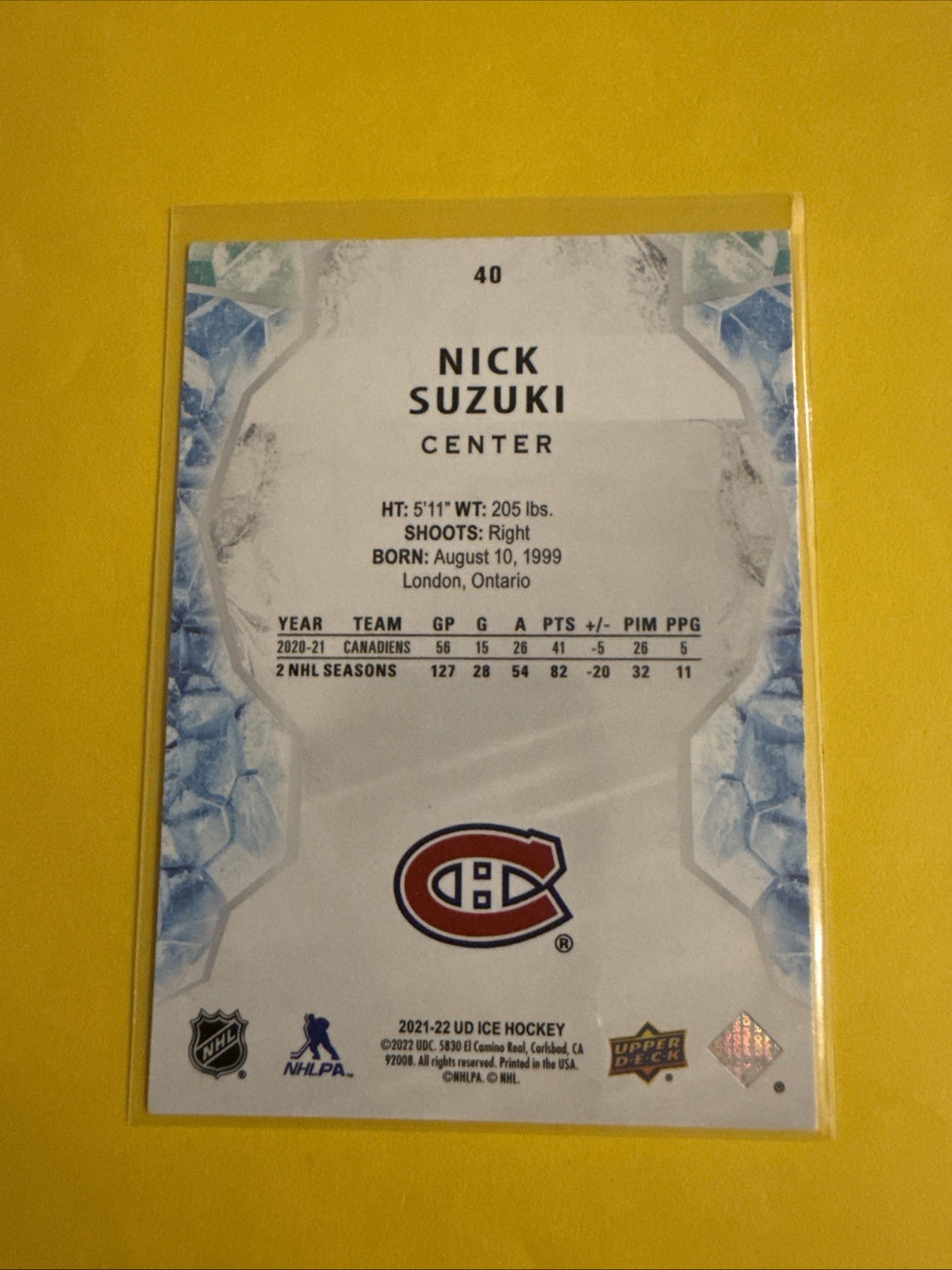 Nick Suzuki 2021/22 UD Ice Orange Emerald Card - back
