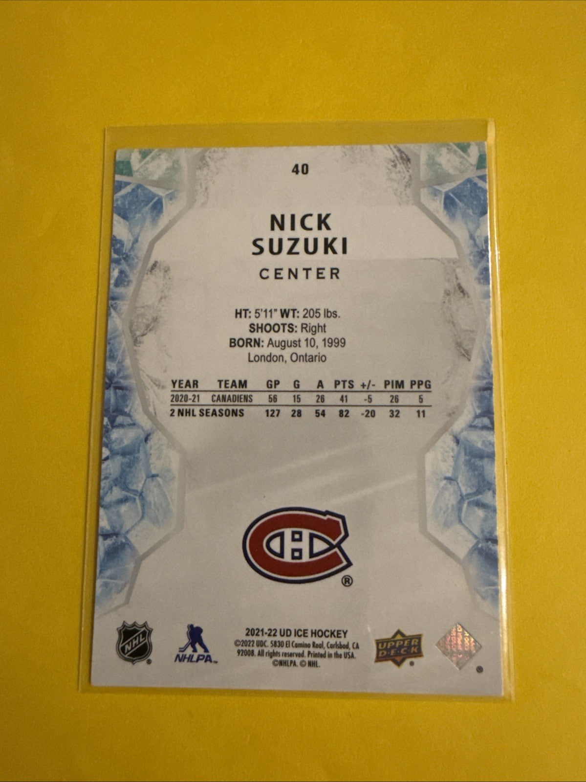 Nick Suzuki 2021/22 UD Ice Orange Emerald Card - back