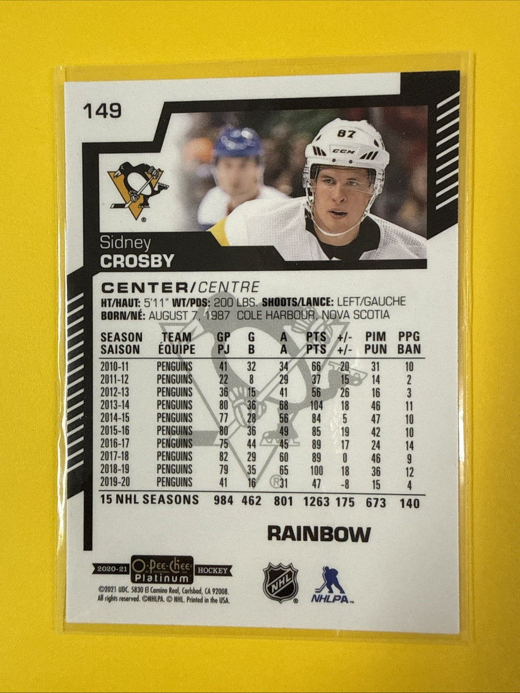 Sidney Crosby 2020/21 O Pee Chee Platinum Rainbow Card - back
