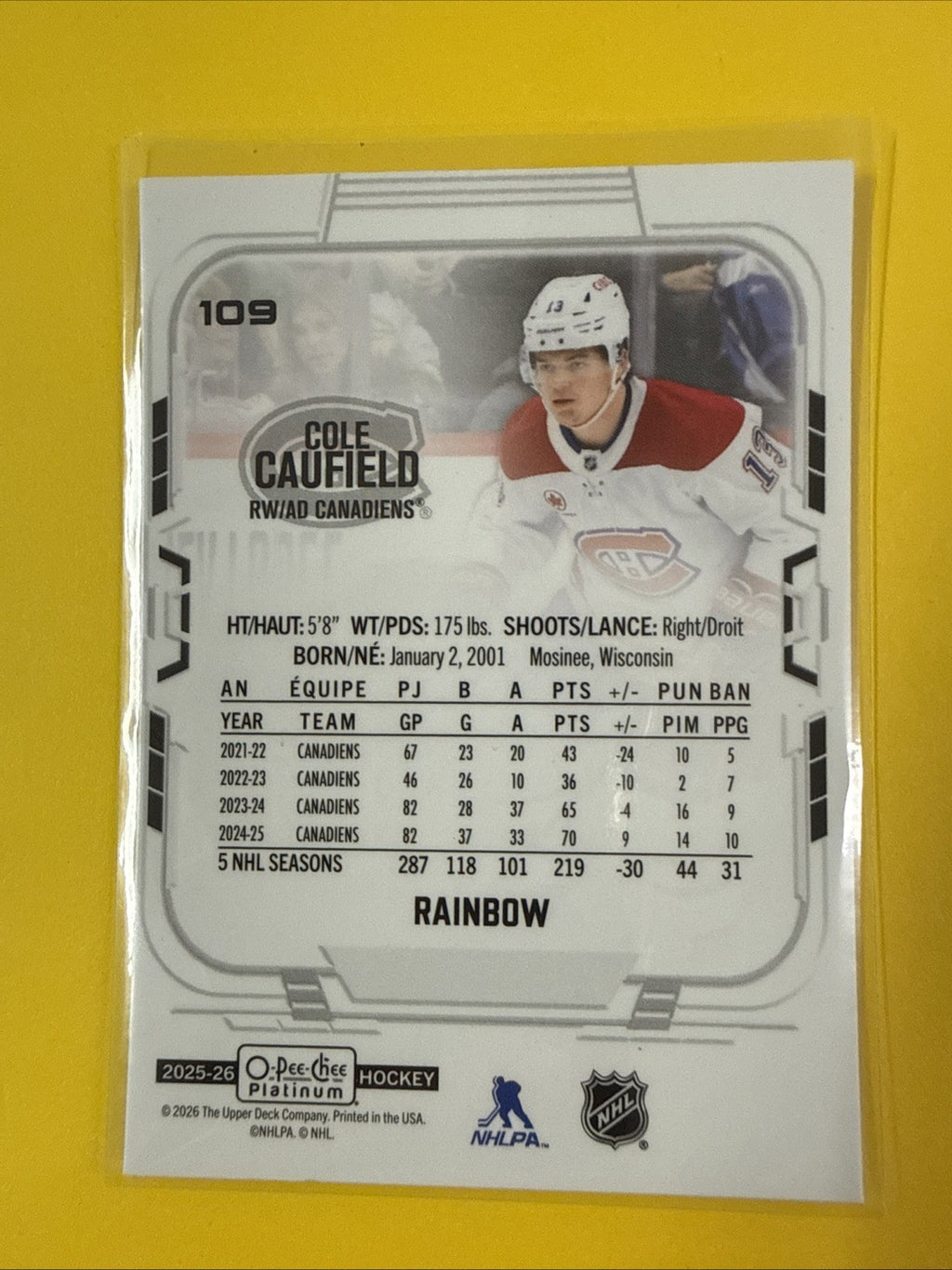 2025 O-Pee-Chee Platinum Cole Caufield Rainbow #109 Montreal Canadiens - back
