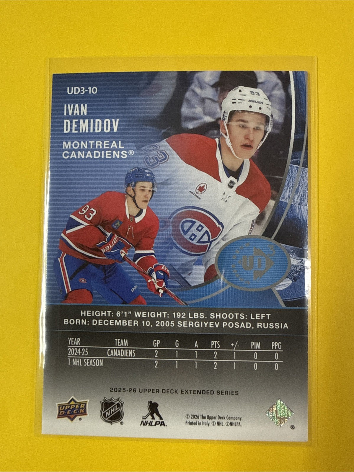 Ivan Demidov 2025/26 UD Extended Rookie Card - back
