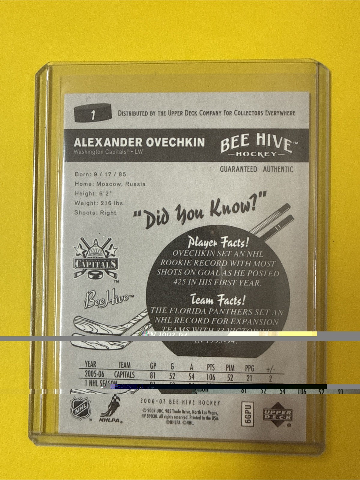 Alexander Ovechkin 2006 Beehive Hockey Card - back