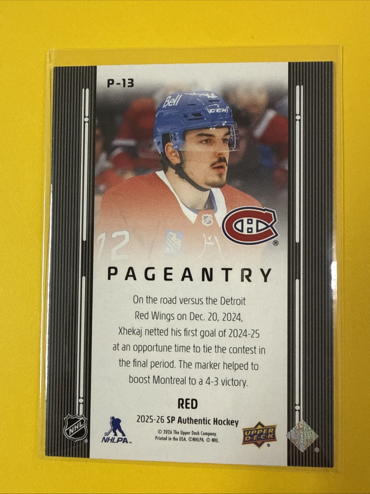 2025-26 Upper Deck SP Authentic Pageantry Red Arber Xhekaj #P-13 - back