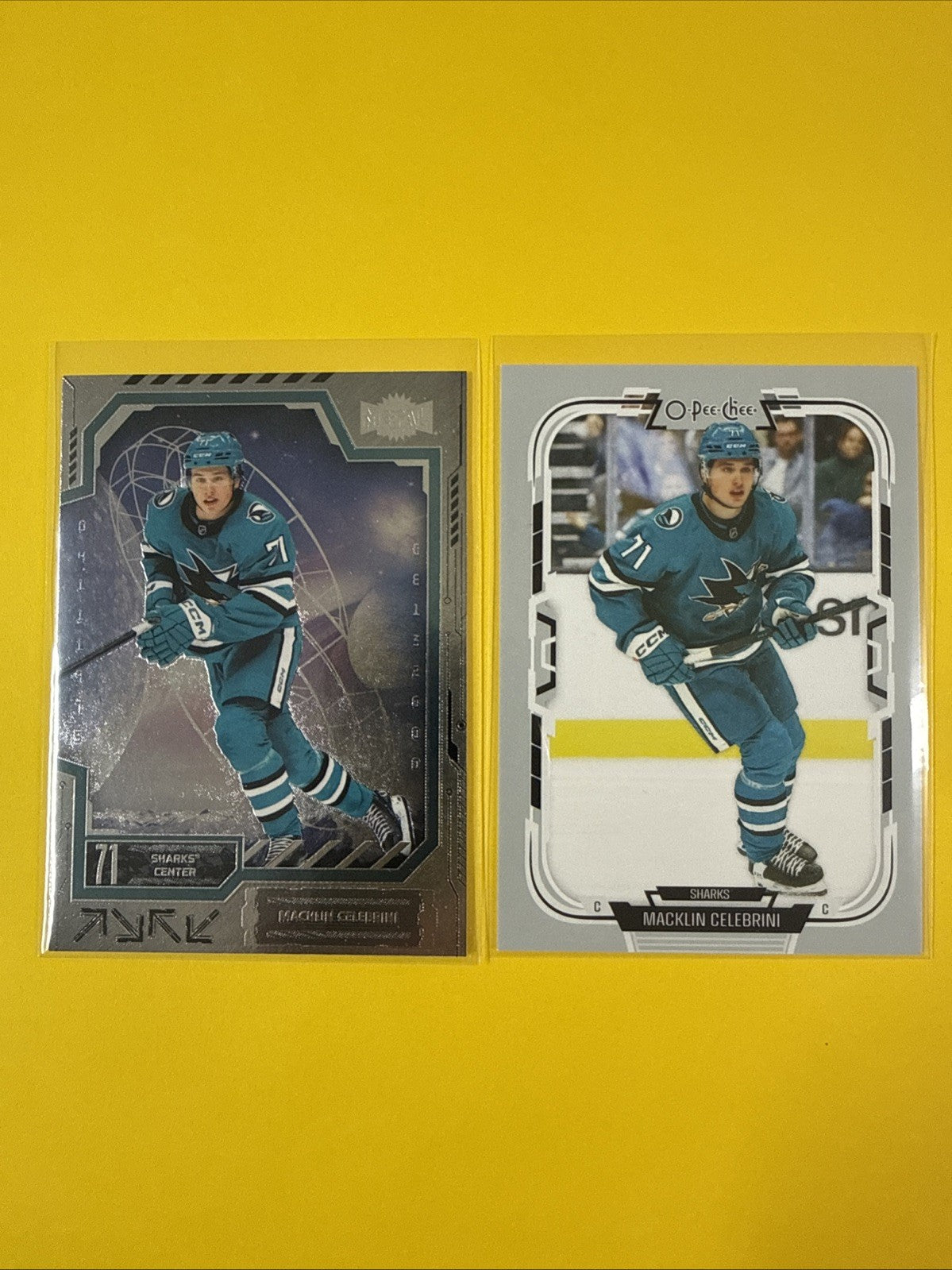 Macklin Celebrini 2025/26 Metal Universe + O Pee Chee Hockey Cards - front