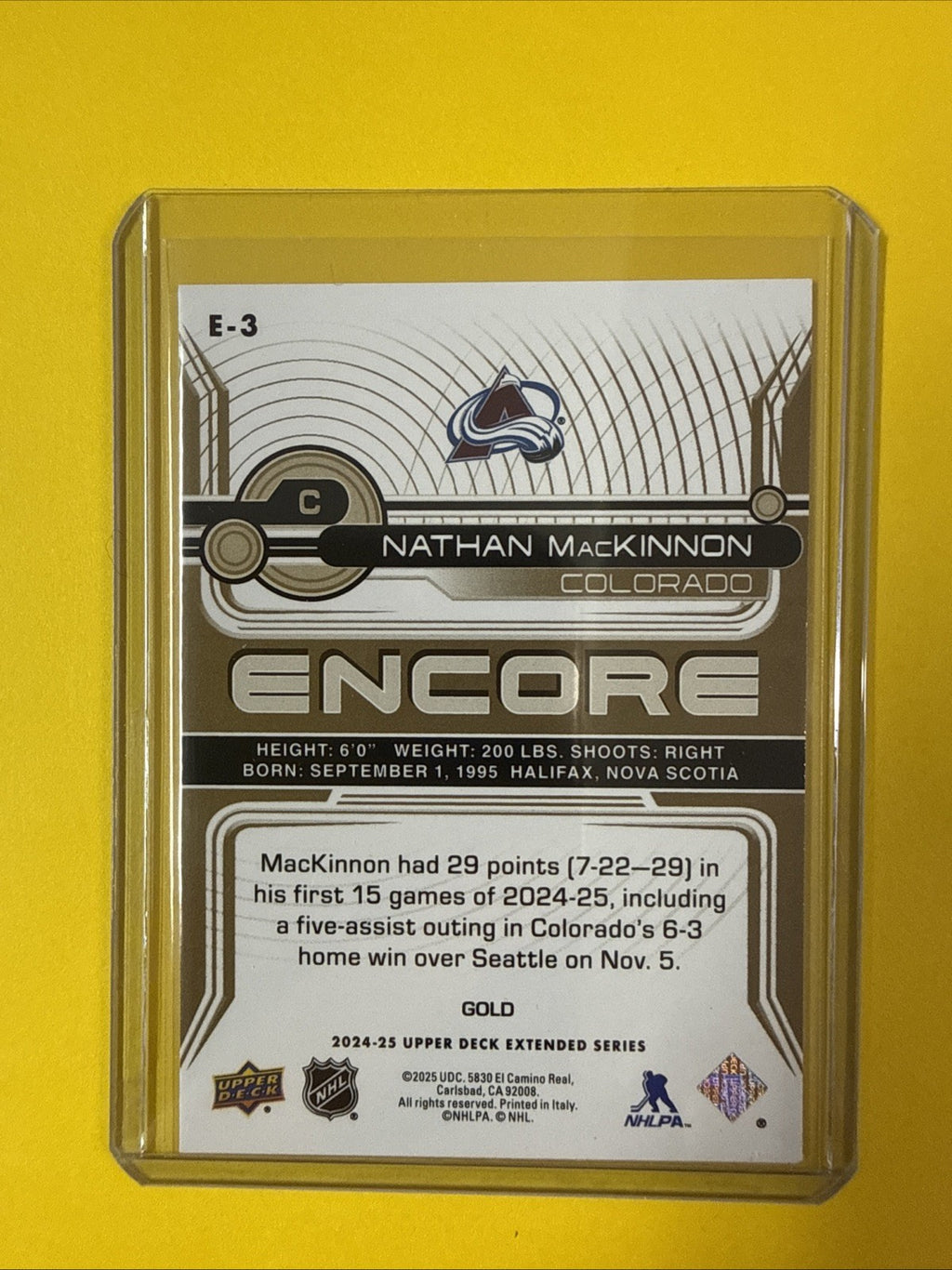 Nathan MacKinnon 2024/25 UD Encore Gold Card - back