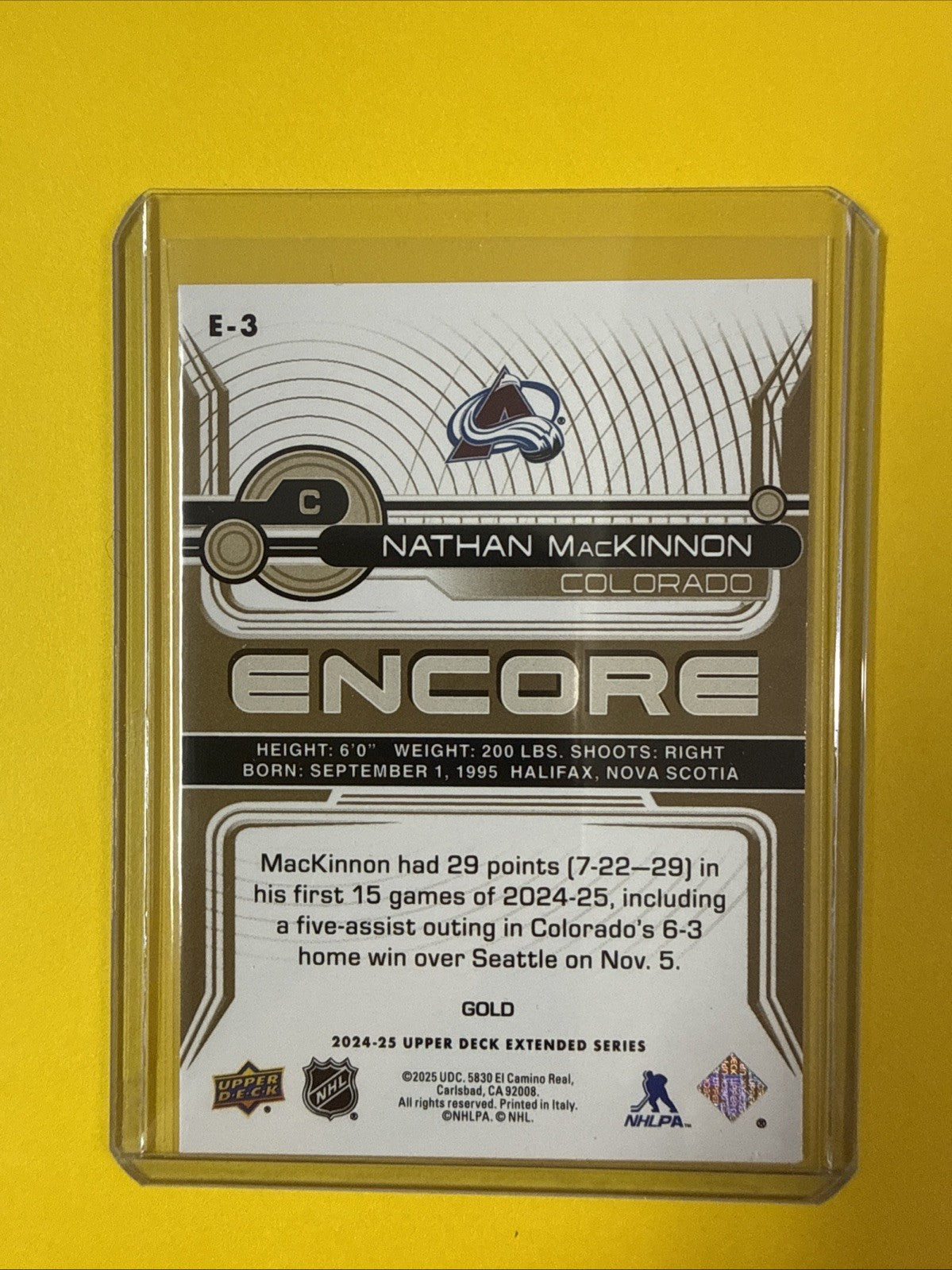 Nathan MacKinnon 2024/25 UD Encore Gold Card - back