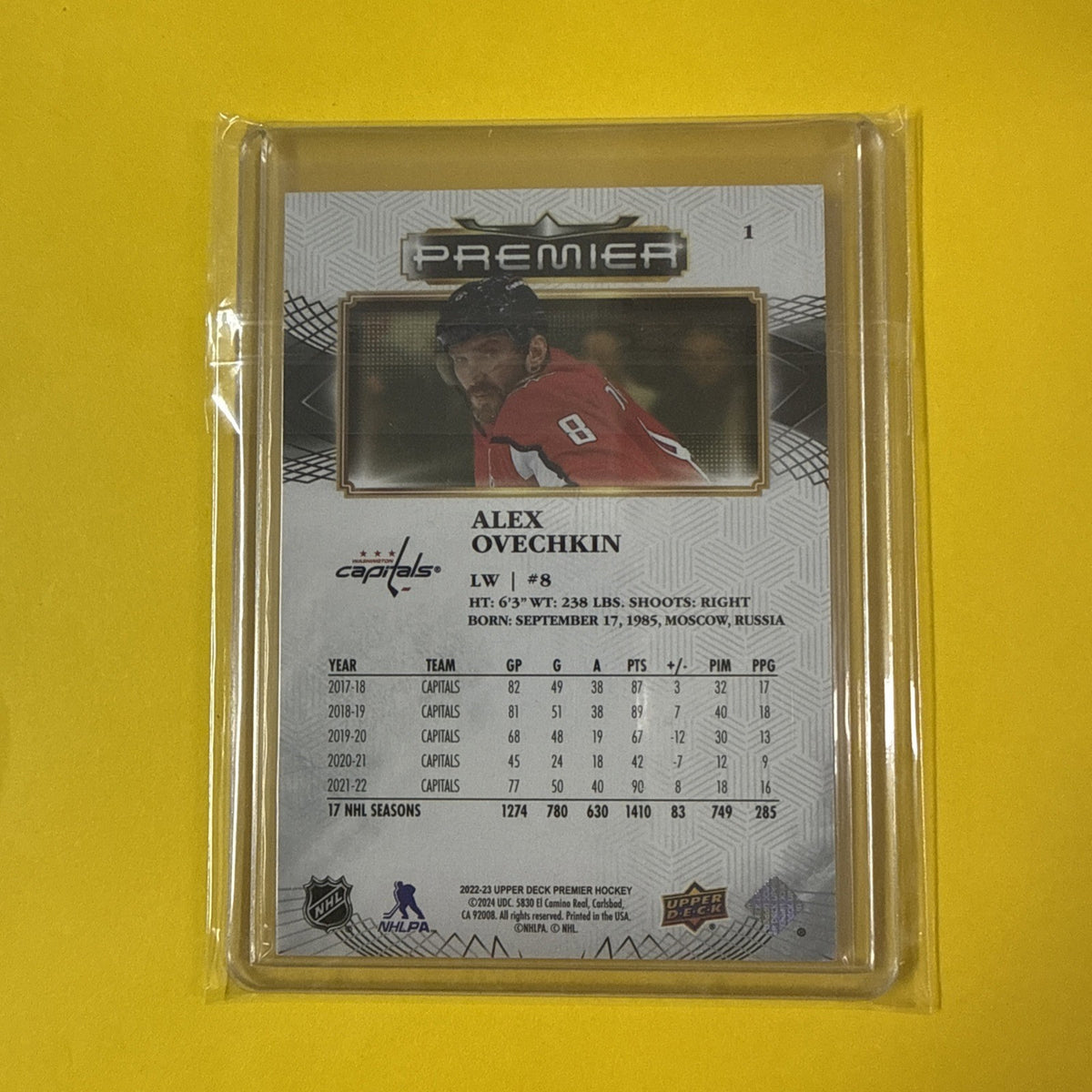 Alex Ovechkin 2022/23 UD Premier Card Out of /299 - back