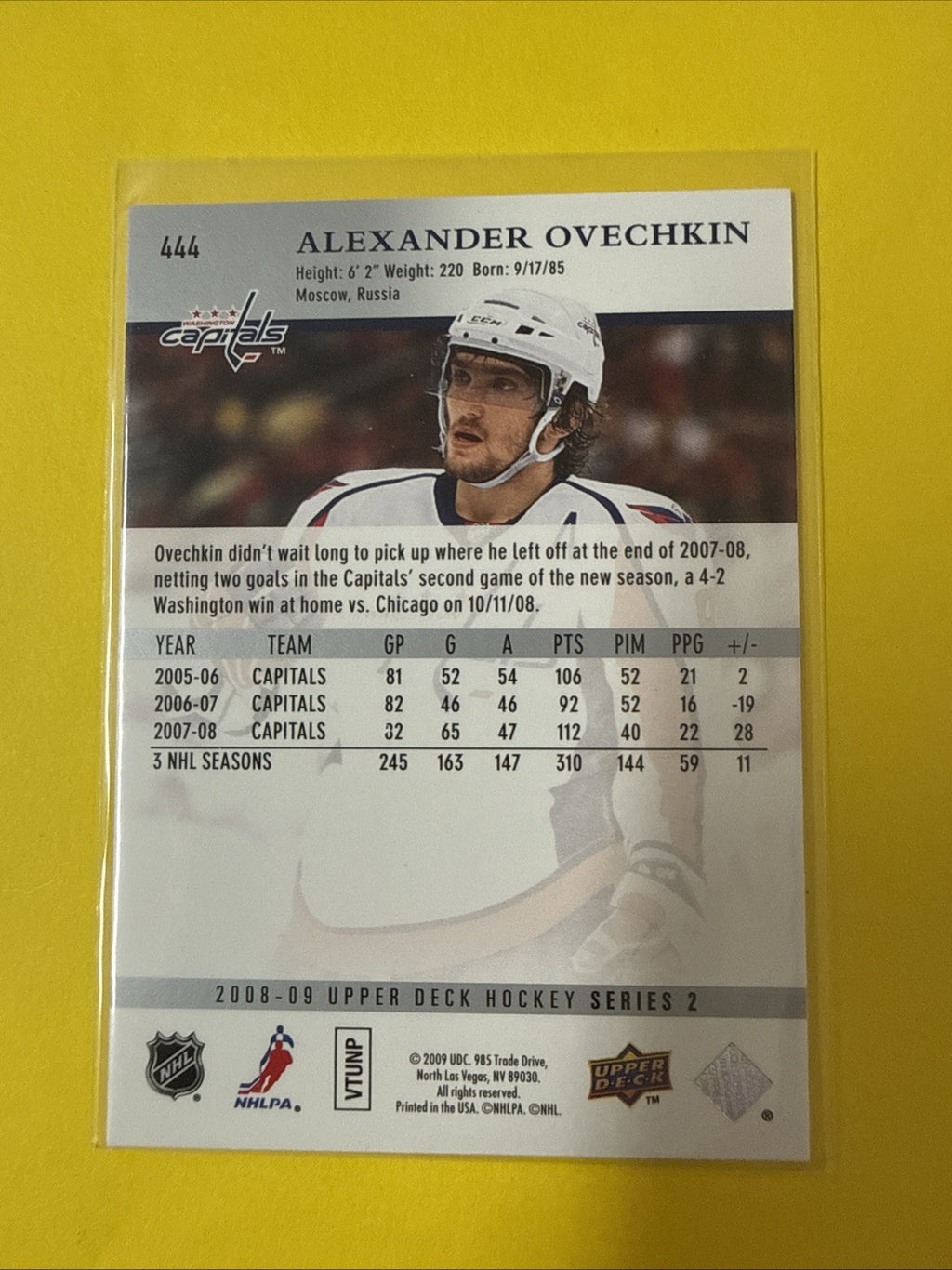 Alexander Ovechkin 2008 Card - back