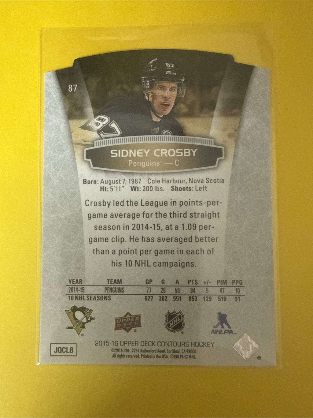 Sidney Crosby 2015/16 UD Contour Hockey Card - back