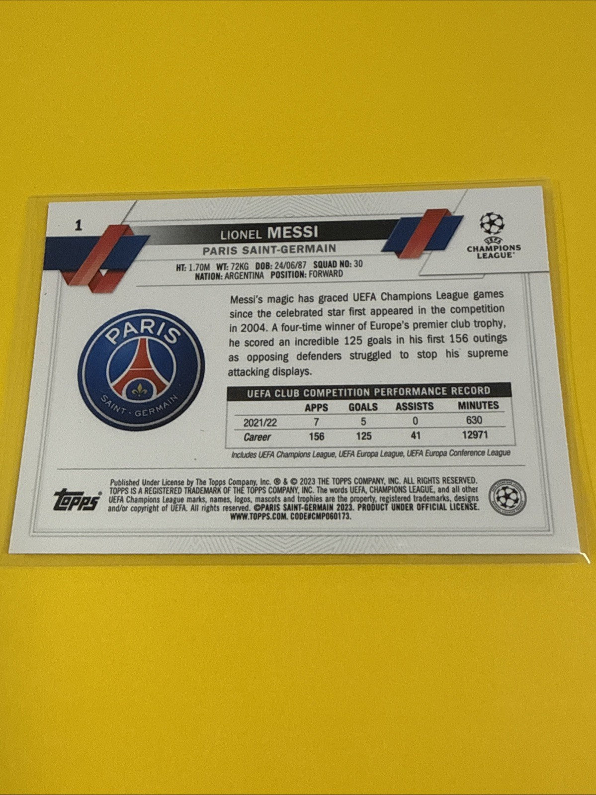 Lionel Messi 2023 Topps Chrome Card - back