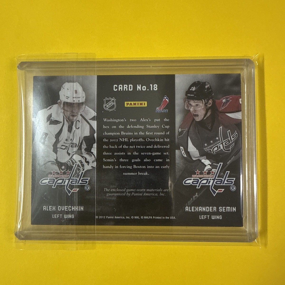 Alex Ovechkin 2011/12 Panini Prime Dual Jersey Patched Card Out of /225 - back