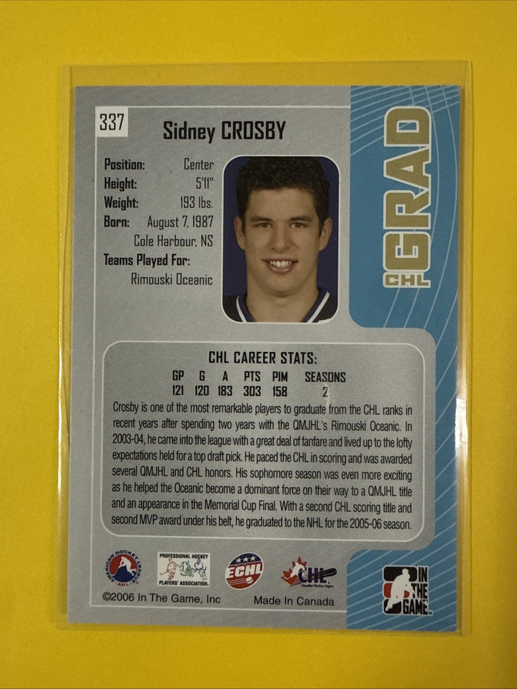 Sidney Crosby 2006 in the Game Chl Grad Card - back