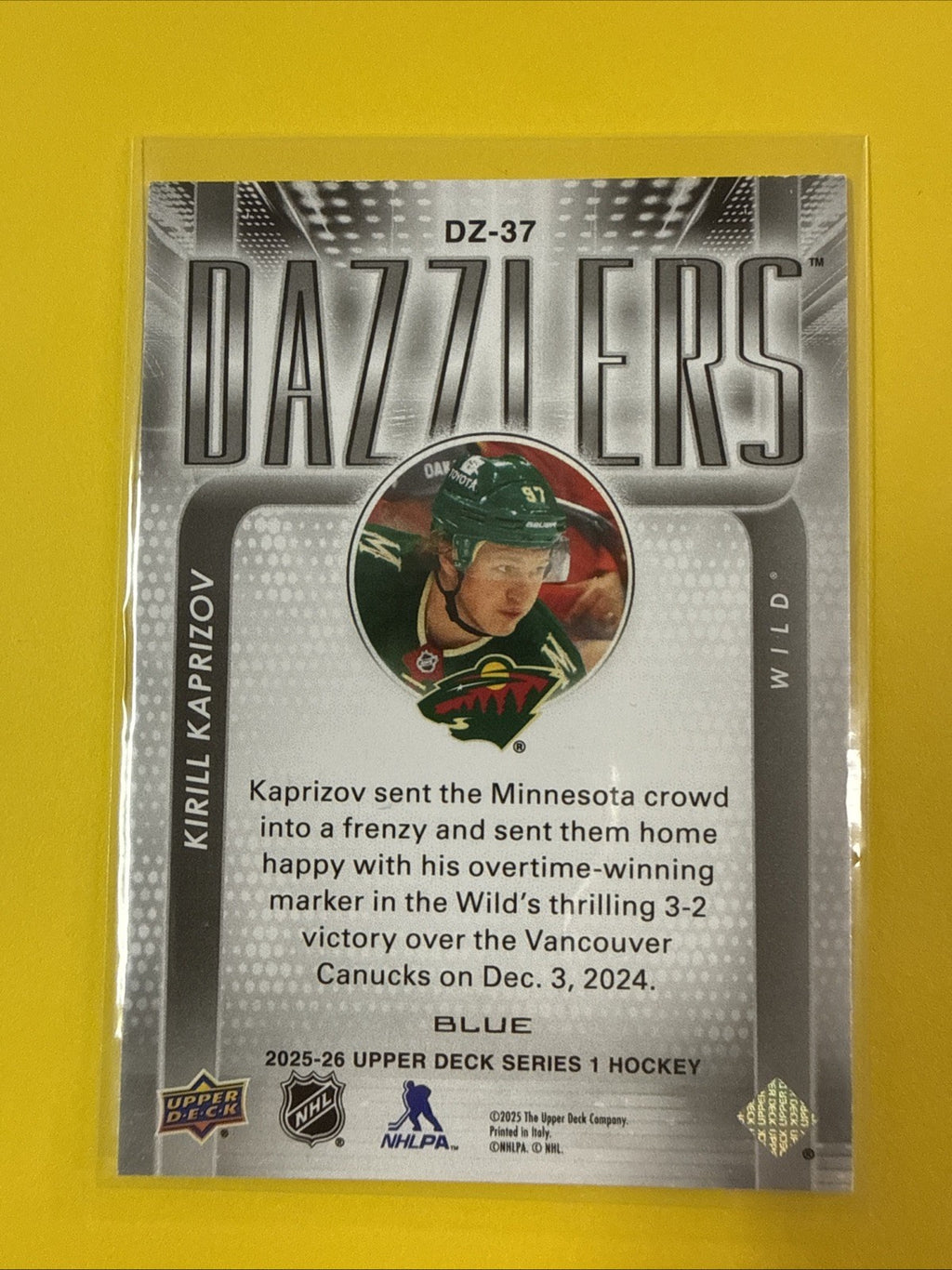Kirill Kaprizov 2025/26 UD Blue Dazzlers Card - back