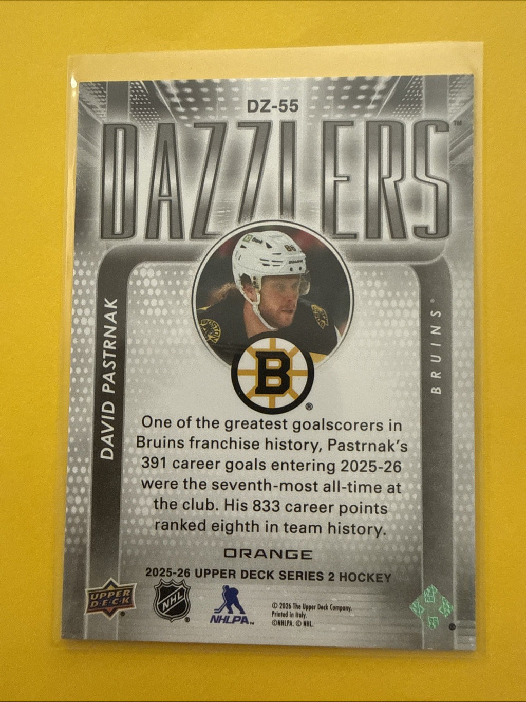 David Pastrnak 2025/26 UD Dazzlers Orange Card - back