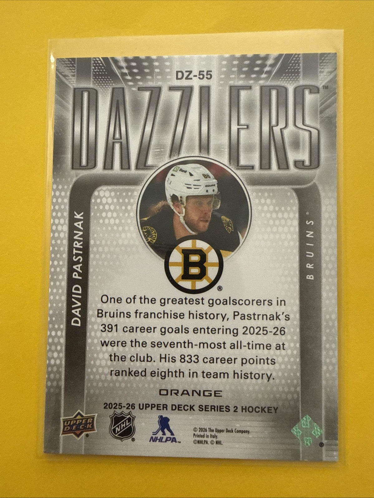 David Pastrnak 2025/26 UD Dazzlers Orange Card - back