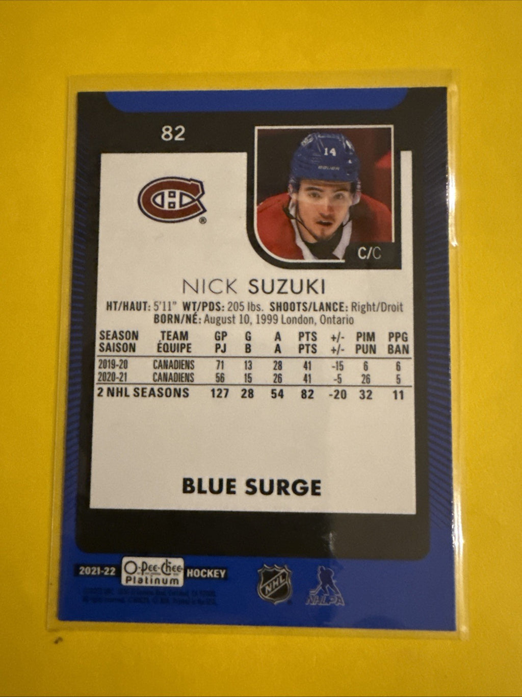 Nick Suzuki 2021/22 O Pee Chee Platinum Blue Surge Card - back