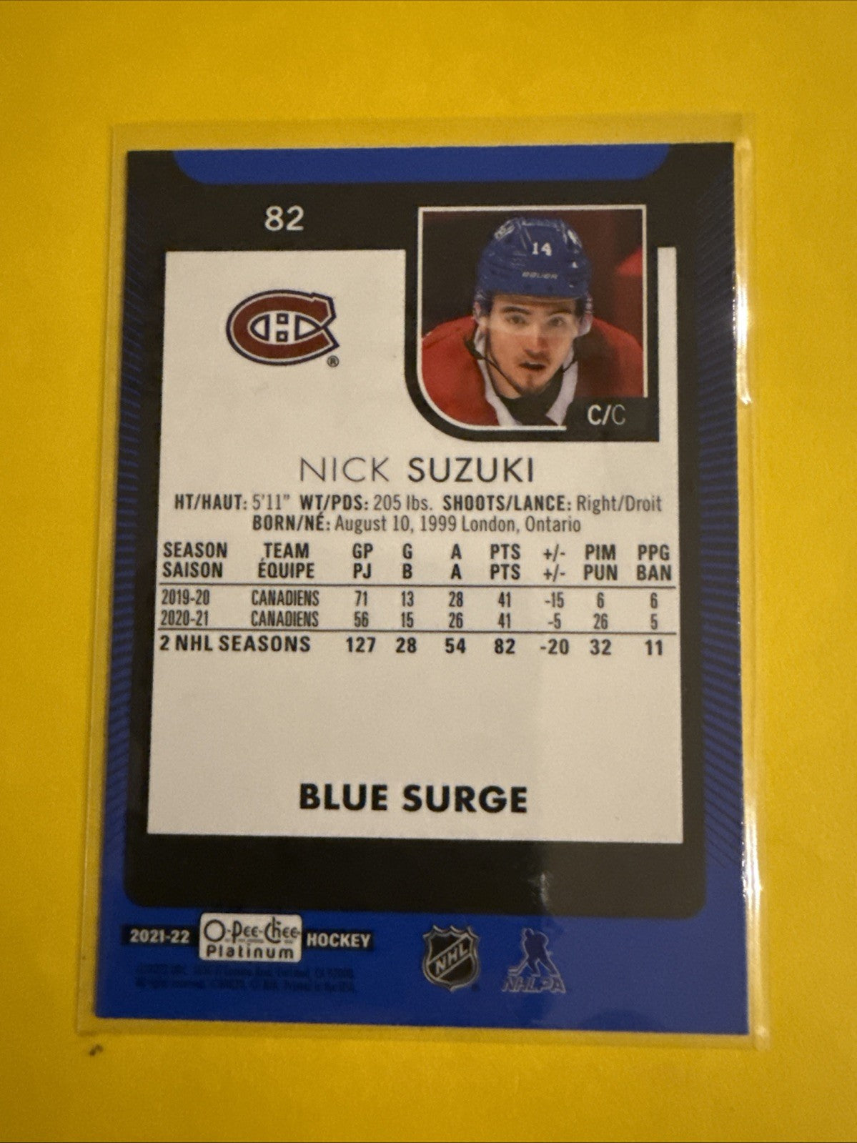 Nick Suzuki 2021/22 O Pee Chee Platinum Blue Surge Card - back