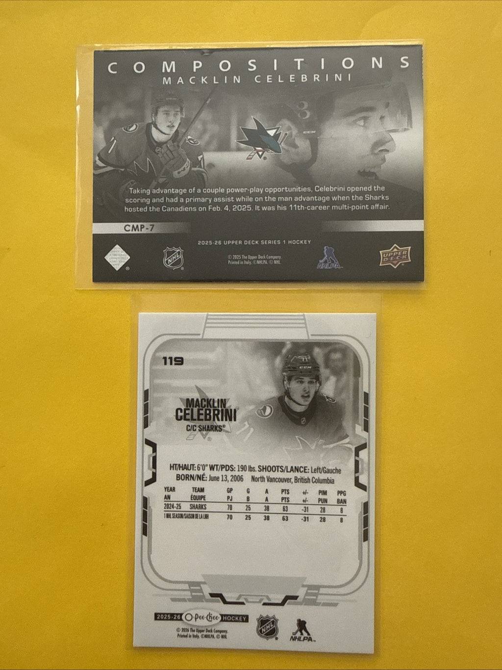 Macklin Celebrini 2025/26. O Pee Chee + UD Compositions Cards - back