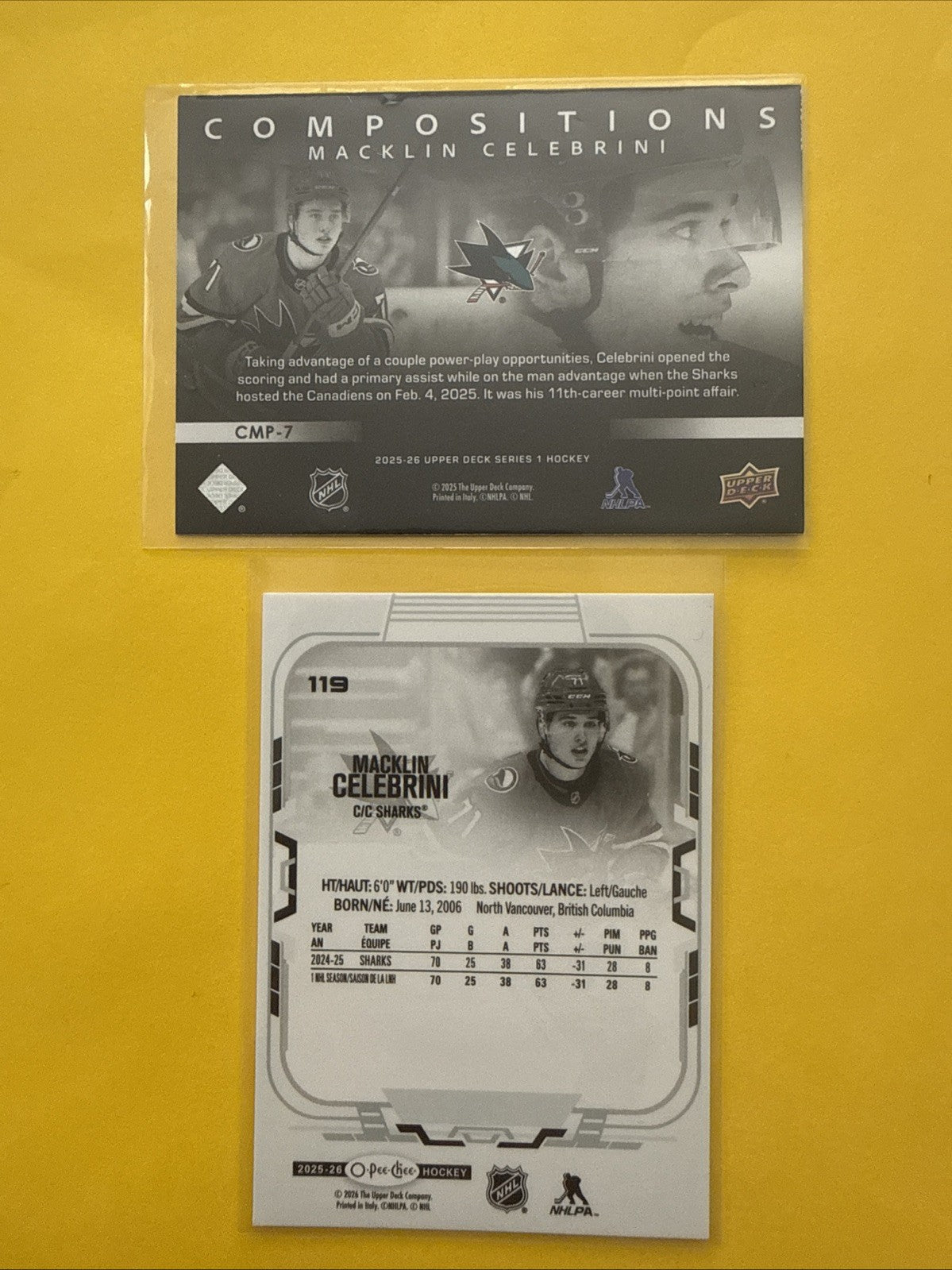 Macklin Celebrini 2025/26. O Pee Chee + UD Compositions Cards - back
