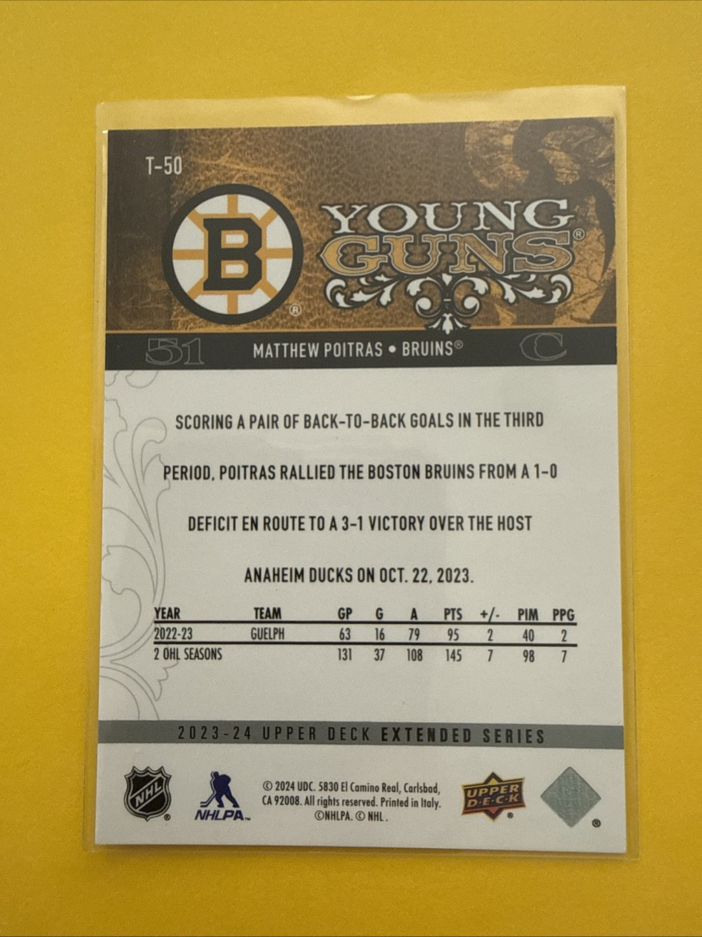 Matthew Poitras 2023/24 UD Young Guns Card - back