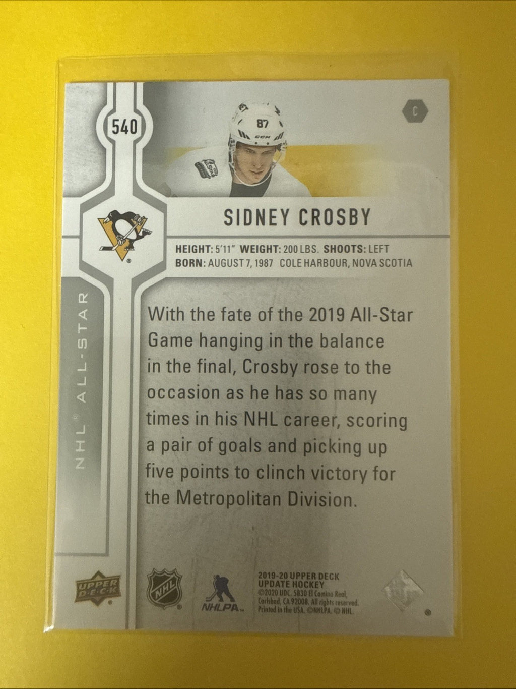 Sidney Crosby 2019/20 UD Update Hockey Card - back